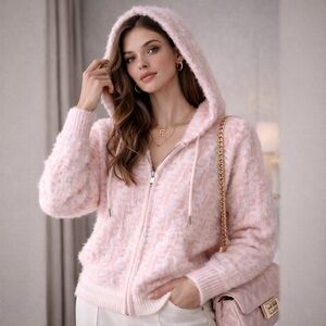 Pink Fendi Style FF Fuzzy Zip Hoodie 22” P2P 2025 Winter New Women’s M